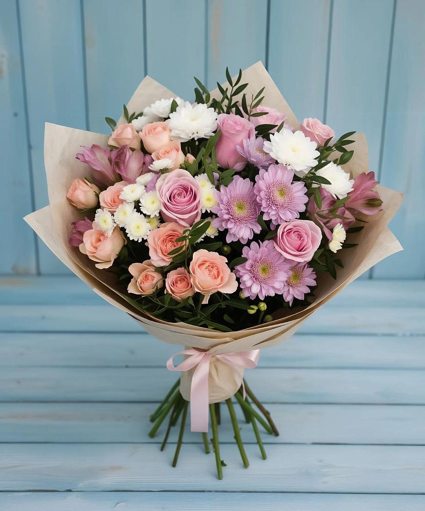 Букет цветов из: Хризантемы, Розы и Альстромерии в Рождественской Ставропольский край