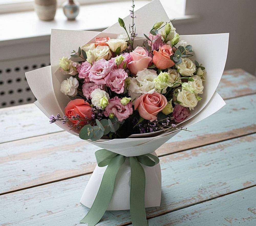 Букет цветов из: Розы, Лизиантусы и Гвоздики в Рождественской Ставропольский край