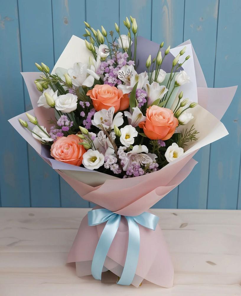 Букет цветов из: Лизиантусы, Розы, Альстромерии и Гипсофила в Рождественской Ставропольский край