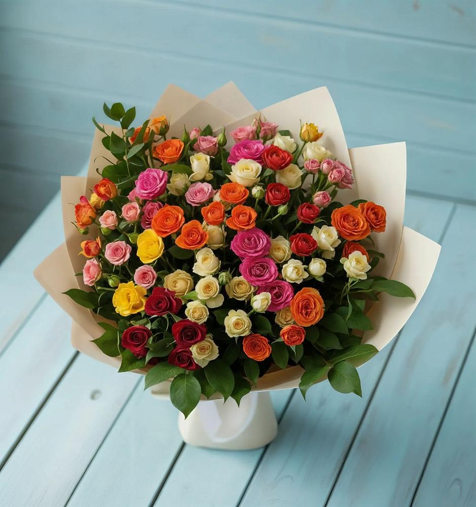 Букет Микс из разноцветных кустовых роз в Рождественской Ставропольский край