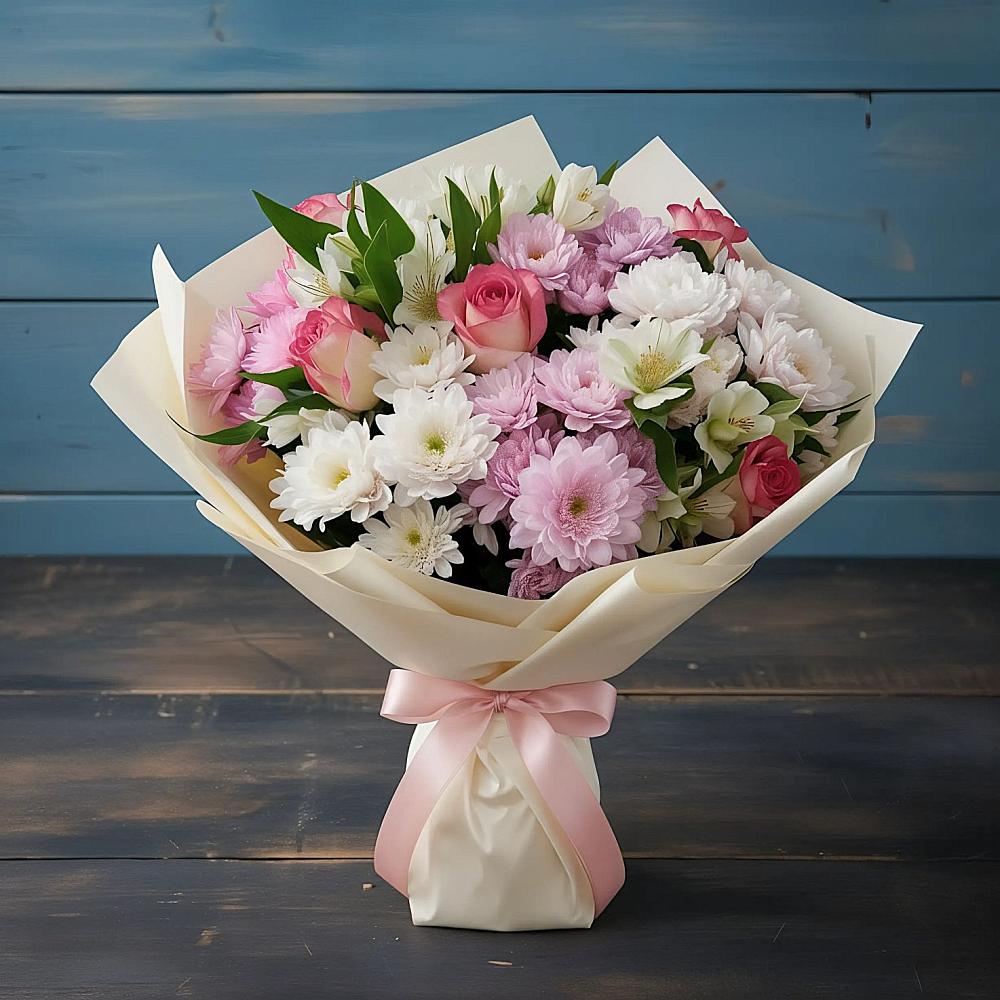 Букет цветов из: Хризантемы, Альстромерии и Розы в Рождественской Ставропольский край